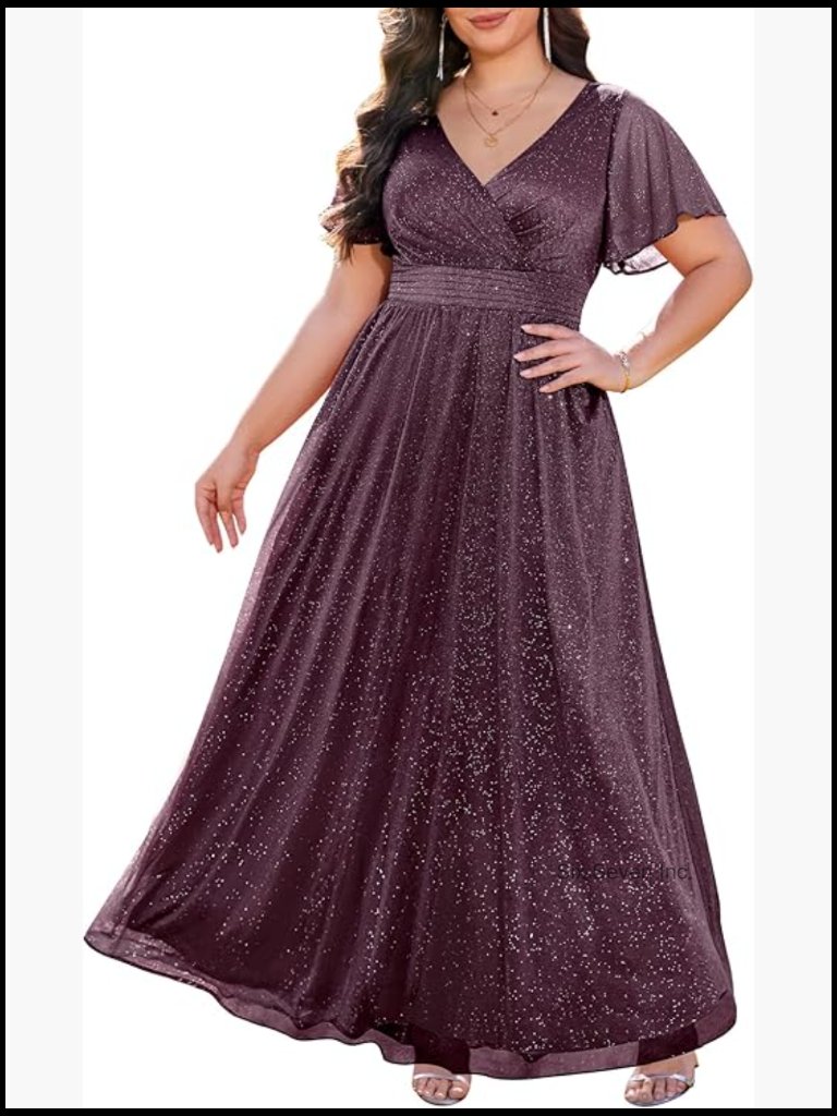 Plus Size V Neck Flutter Sleeve Glitter Prom Chiffon Maxi Dress
